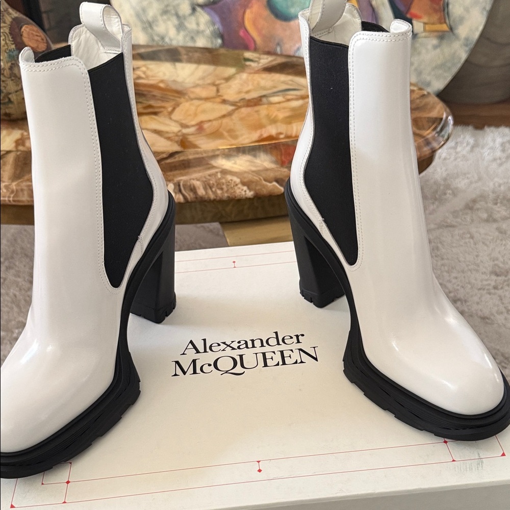 Alexander McQueen Black and White Heeled Boots. NWB. Sz 40